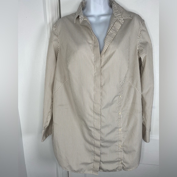 Akris Punto Tops - Akris Punto Luxury Beige & White Designer Striped Blouse with Button Details